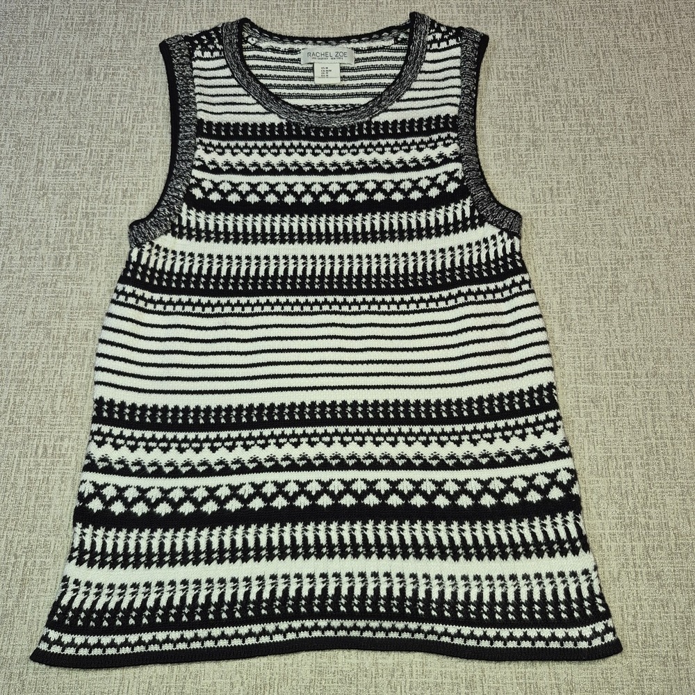 Rachel Zoe Sleeveless Knit Sweater Autumn Top Black White Boho Geometric M